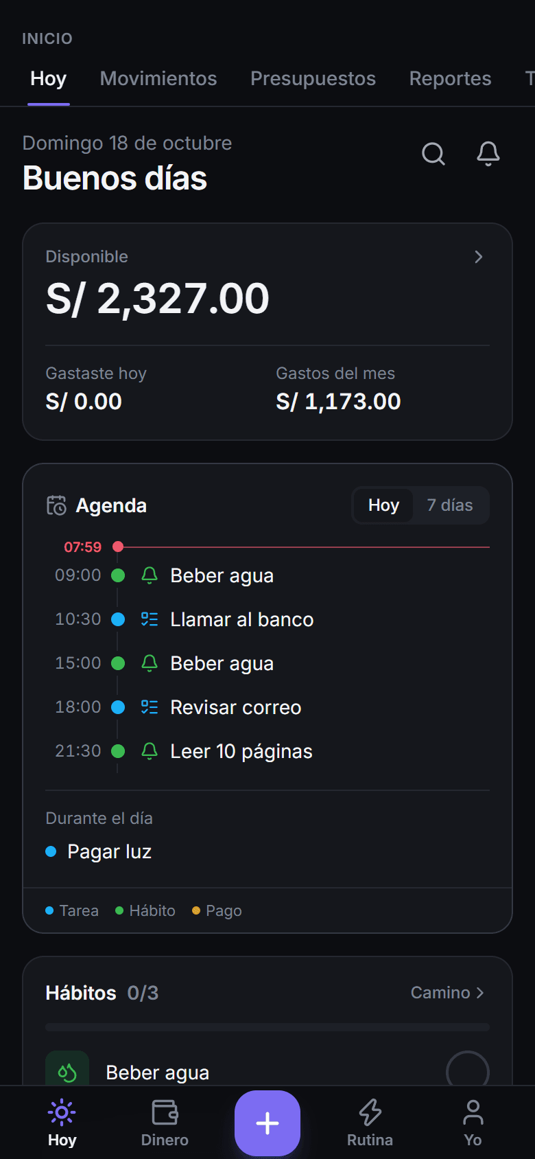 Pantalla Hoy de Own: disponible, agenda del día y hábitos